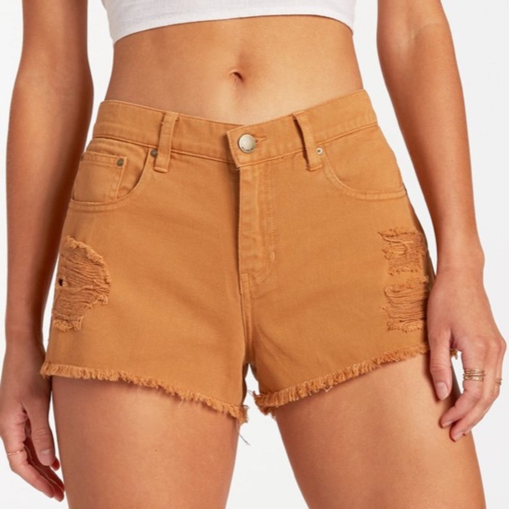 brown Billabong distressed jean shorts